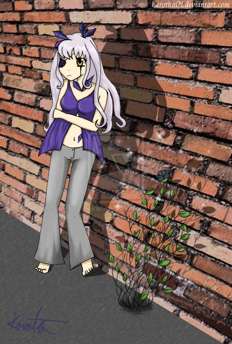 1girl barasuishou barefoot breasts brick_wall cleavage image long_hair midriff navel pants sleeveless solo yellow_eyes