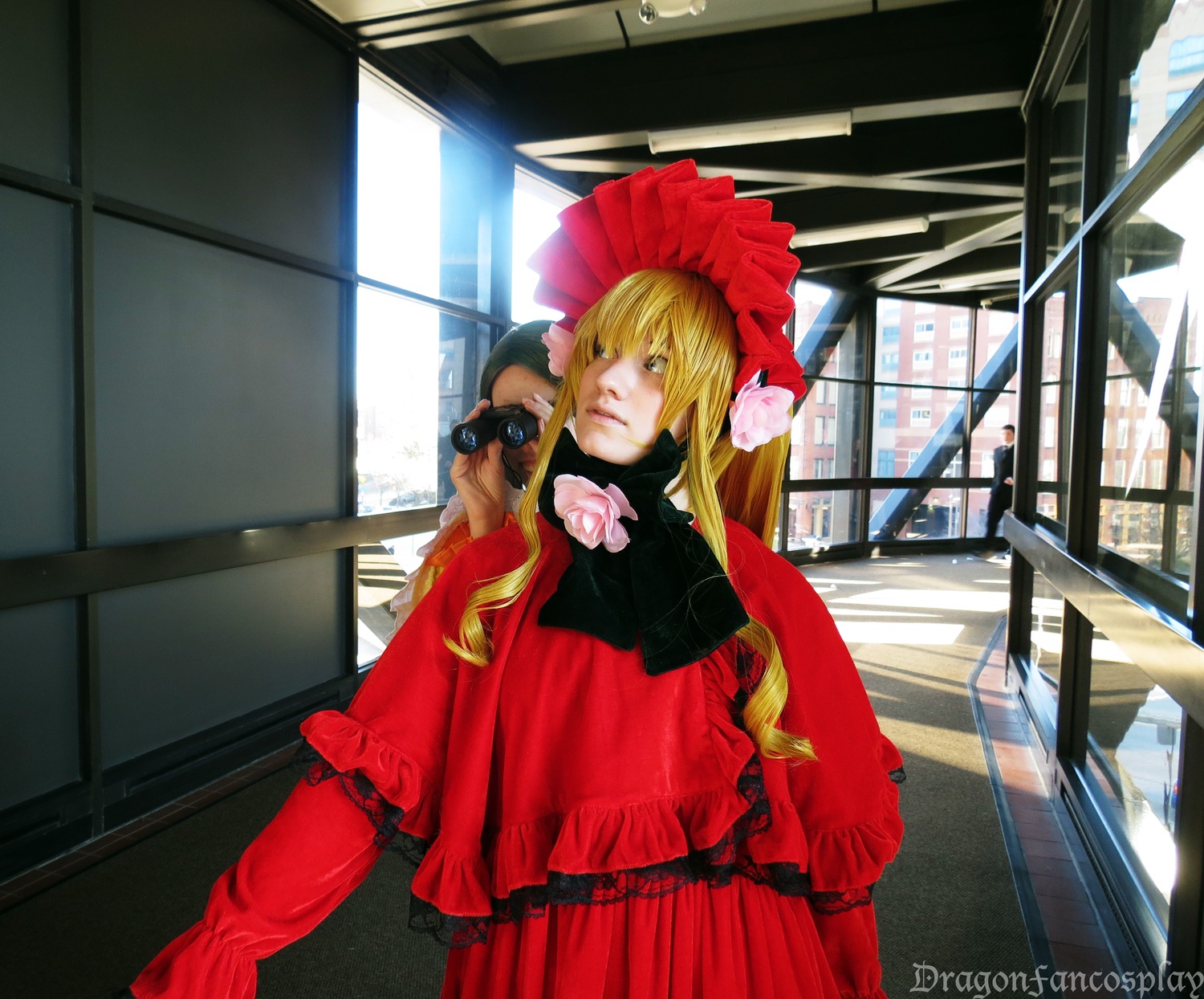 1girl blonde_hair dress flower gun long_hair red_dress shinku solo window