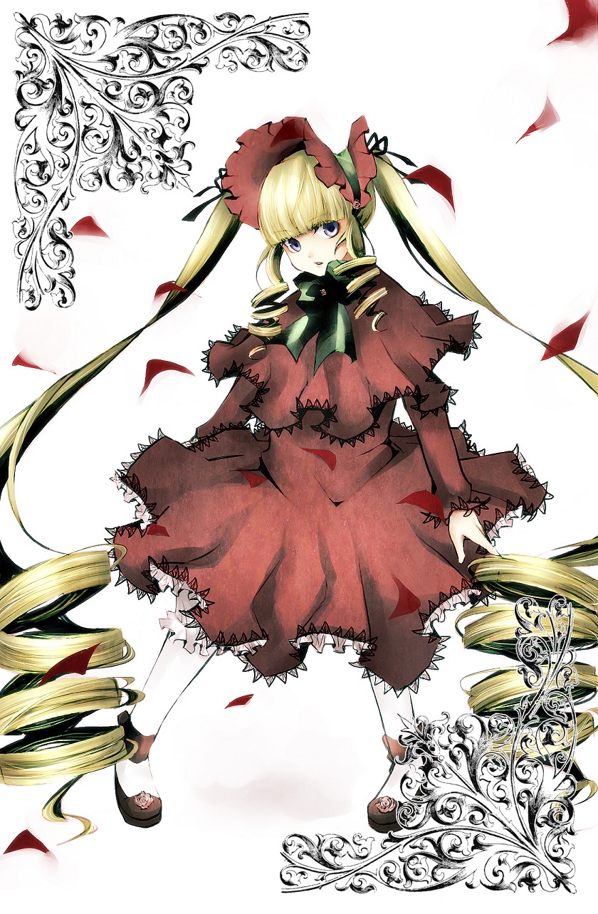 1girl bad_id bad_pixiv_id blonde_hair blue_eyes bonnet bow bowtie capelet dress drill_hair full_body hair_ribbon highres image long_hair long_sleeves looking_at_viewer nakagawa pantyhose petals purple_eyes red_dress ribbon rose rozen_maiden shinku solo standing twintails very_long_hair white_background