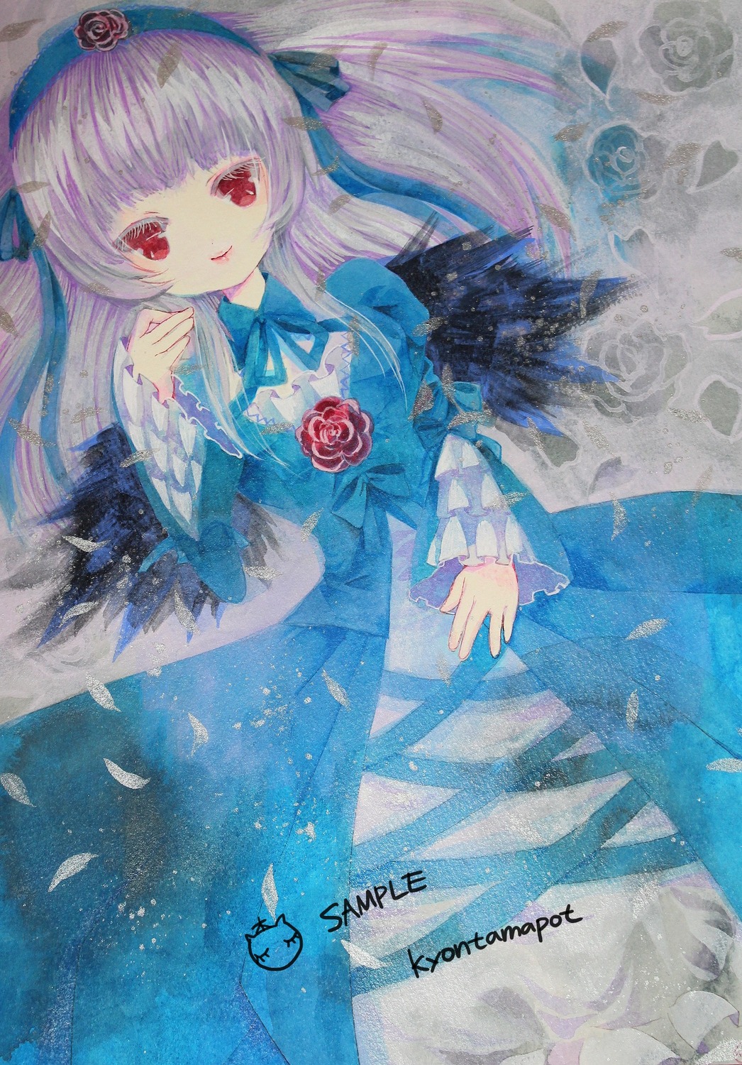 1girl blue_dress blue_flower blue_rose dress feathers flower frills hairband image long_hair long_sleeves looking_at_viewer red_eyes ribbon rose solo suigintou traditional_media watercolor_(medium) wings