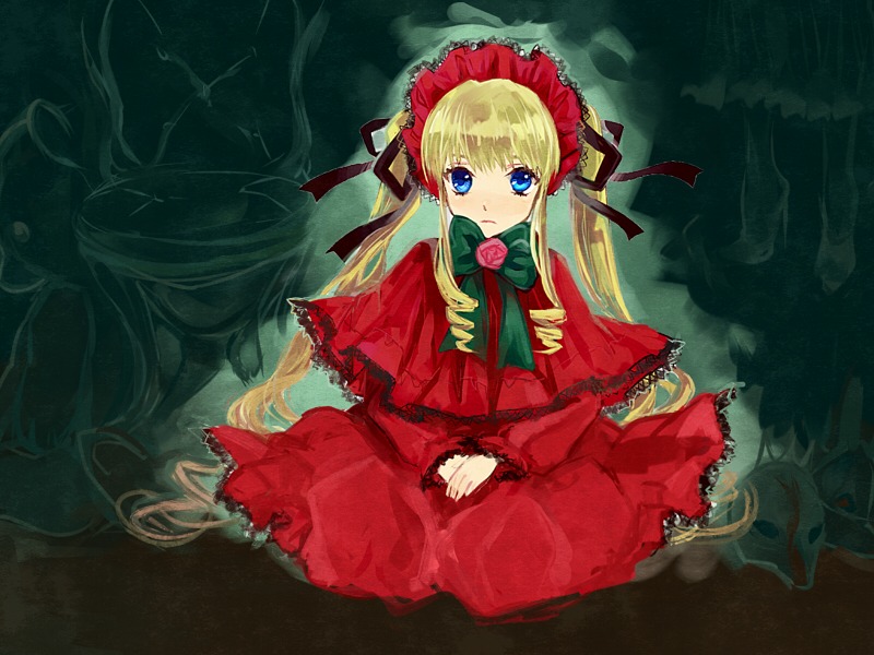 1girl blonde_hair blue_eyes bonnet bow bowtie capelet dress flower green_bow green_neckwear image long_hair long_sleeves looking_at_viewer red_dress rose shinku sitting solo twintails very_long_hair