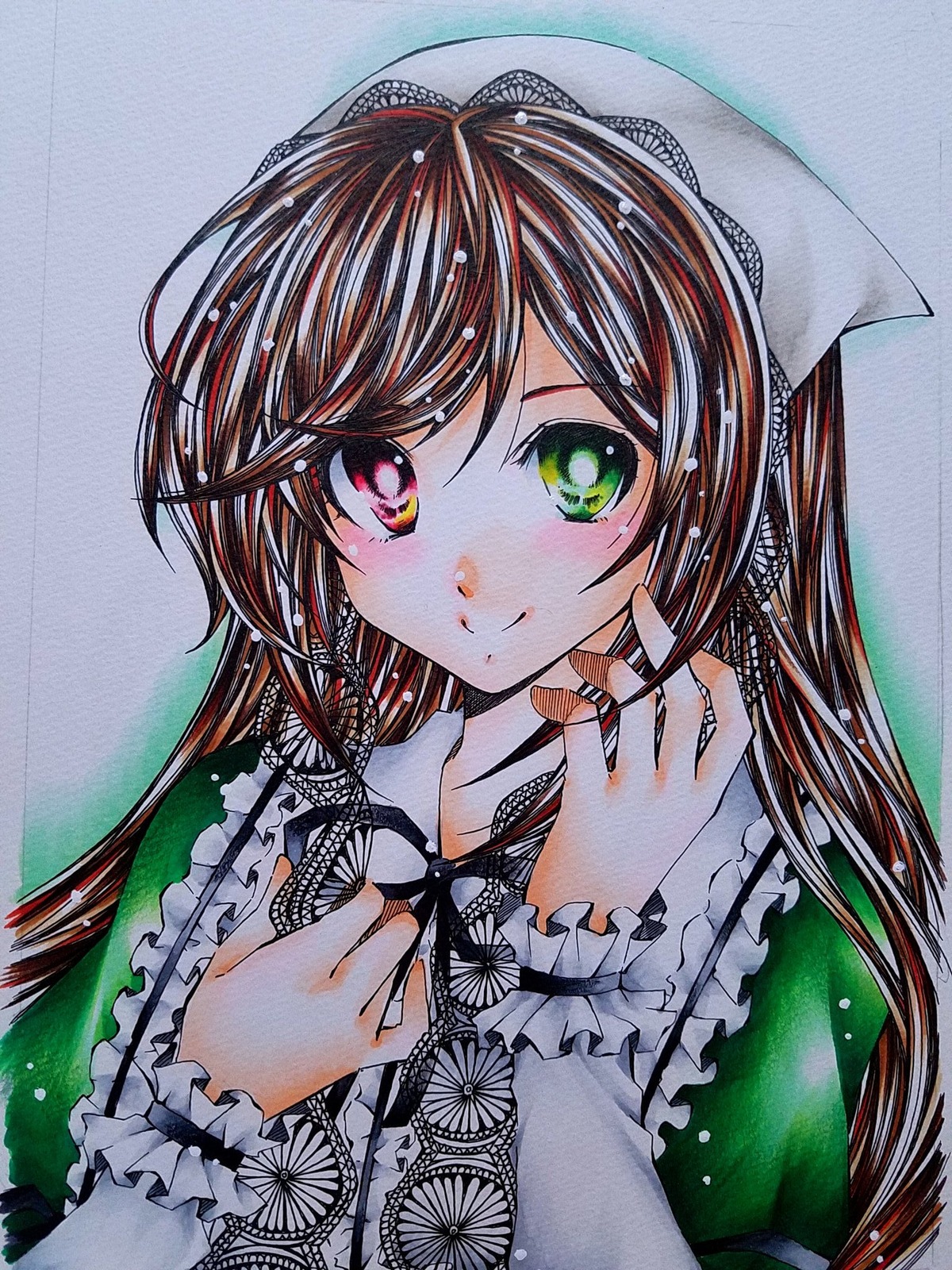 1girl blush brown_hair closed_mouth eyebrows_visible_through_hair green_eyes head_scarf heterochromia image long_hair long_sleeves looking_at_viewer red_eyes smile solo suiseiseki traditional_media upper_body watercolor_(medium)