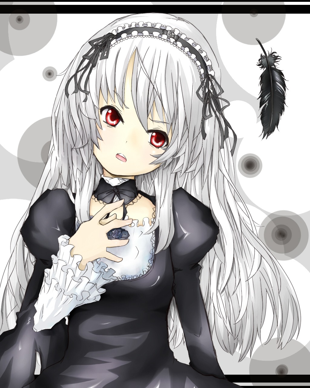 1girl black_dress blush dress feathers frills hairband image juliet_sleeves lolita_hairband long_hair long_sleeves looking_at_viewer open_mouth puffy_sleeves red_eyes silver_hair solo suigintou upper_body