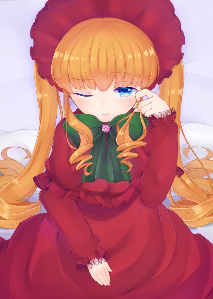 1girl blonde_hair blue_eyes blush bonnet bow dress drill_hair flower image long_hair long_sleeves looking_at_viewer one_eye_closed red_dress ribbon rose shinku solo twin_drills twintails very_long_hair