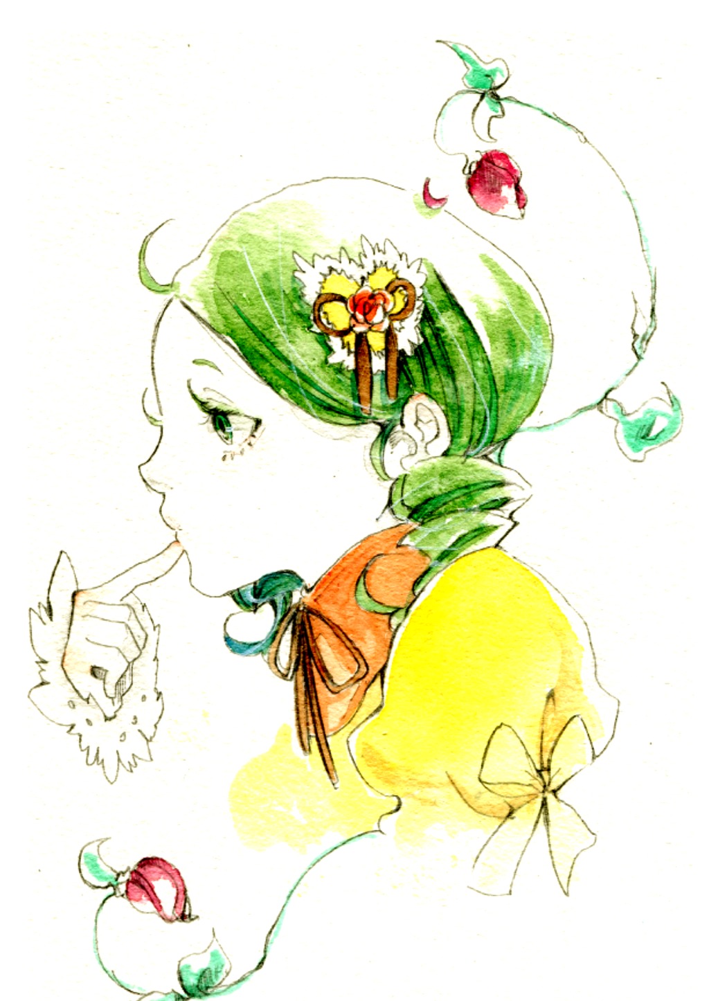1girl apple cherry drill_hair finger_to_mouth flower food fruit grapes green_eyes green_hair hair_ornament hat image juliet_sleeves kanaria long_sleeves profile puffy_sleeves red_flower ribbon solo strawberry strawberry_hair_ornament striped twin_drills upper_body white_background