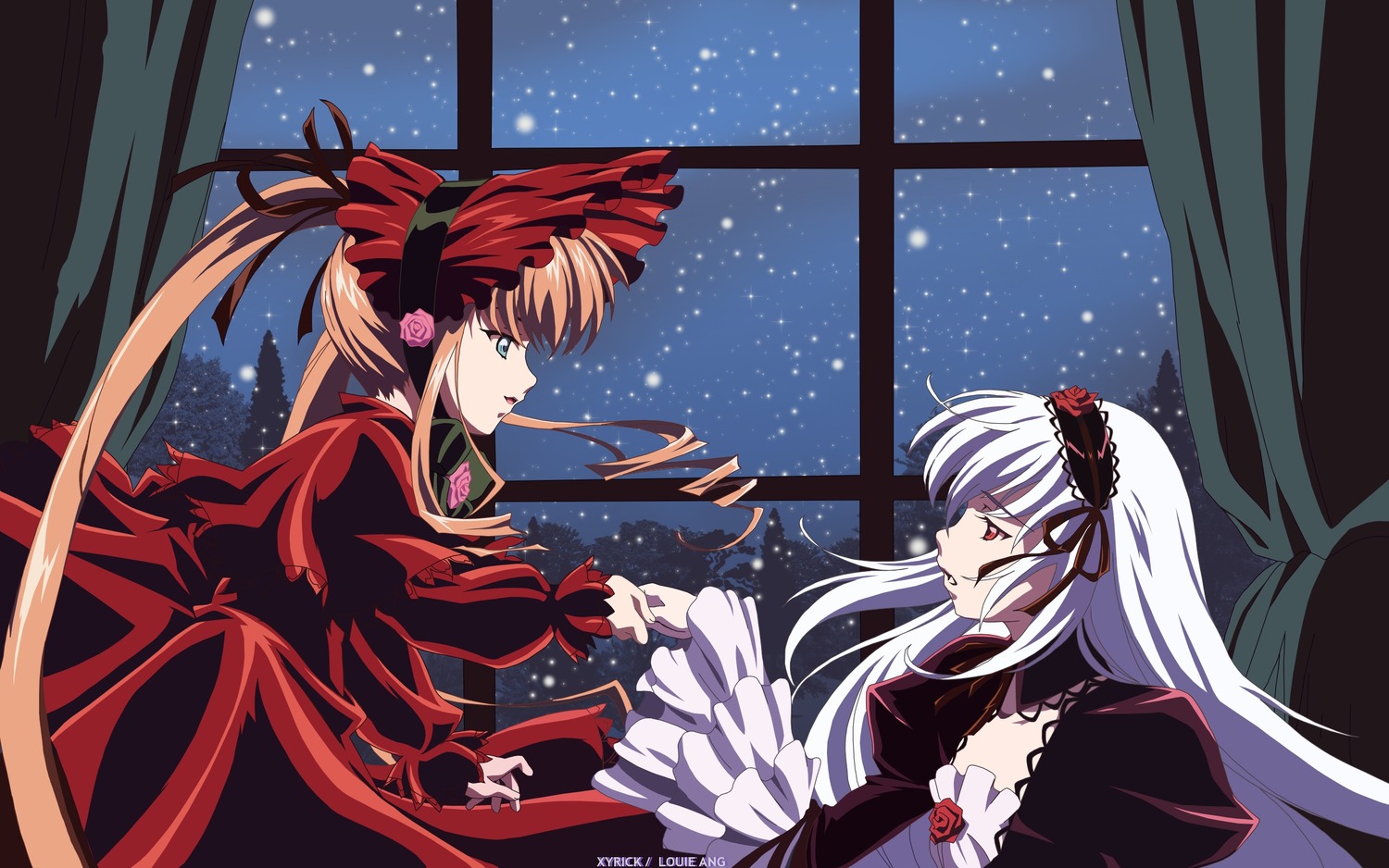 2girls blonde_hair curtains dress eye_contact flower frills hairband image long_hair looking_at_another multiple_girls night pair profile red_eyes rose shinku silver_hair sky star_(sky) starry_sky suigintou twintails very_long_hair window yuri