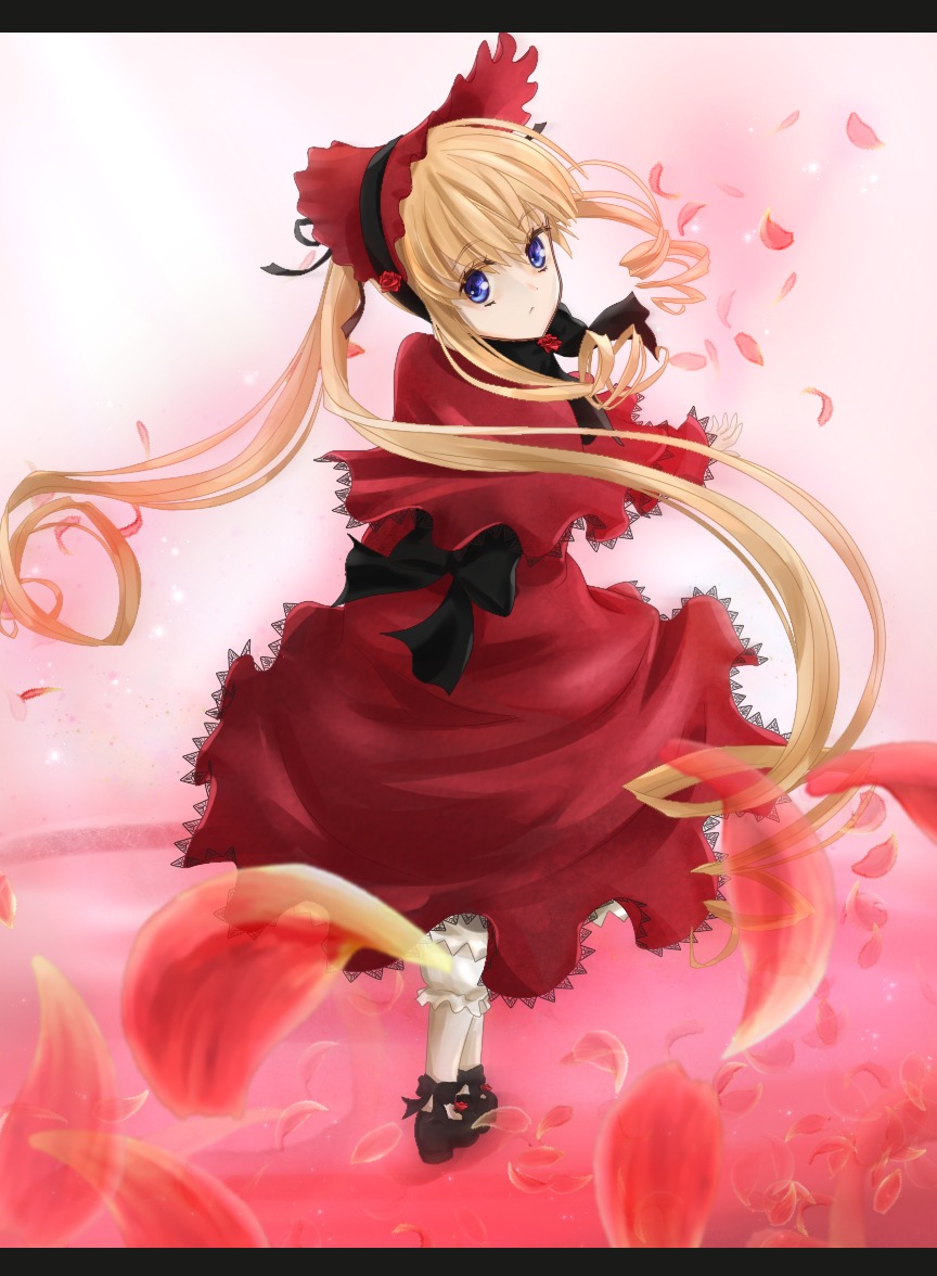 1girl black_footwear blonde_hair blue_eyes bonnet bow dress flower image long_hair long_sleeves looking_at_viewer looking_back petals red_dress shinku shoes solo standing twintails very_long_hair