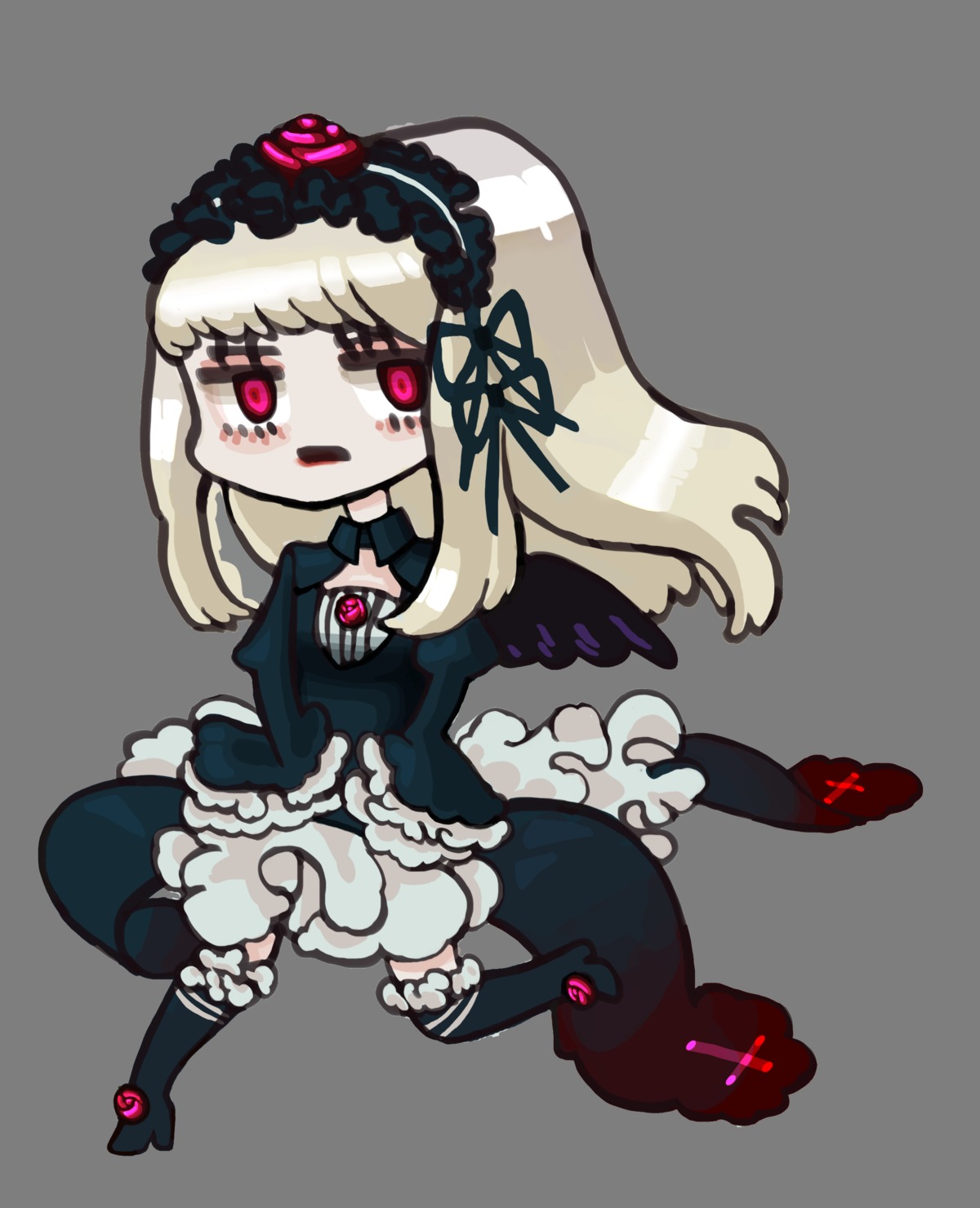 1girl boots chibi dress frills hairband image long_hair long_sleeves pink_eyes solo suigintou wings