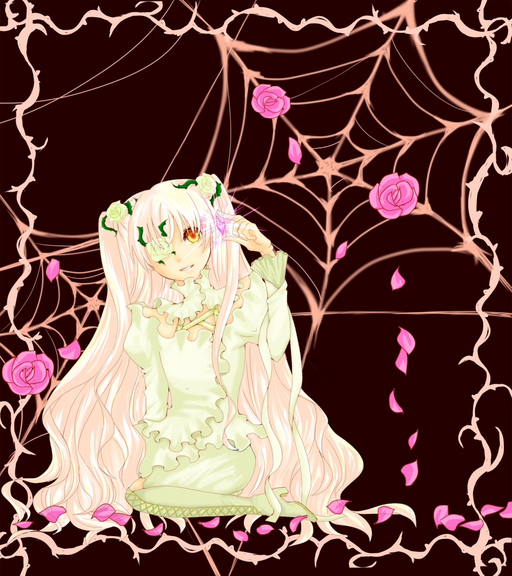 1girl dress flower frills image kirakishou long_hair petals pink_flower pink_hair pink_rose plant rose rose_petals sitting solo thorns very_long_hair vines