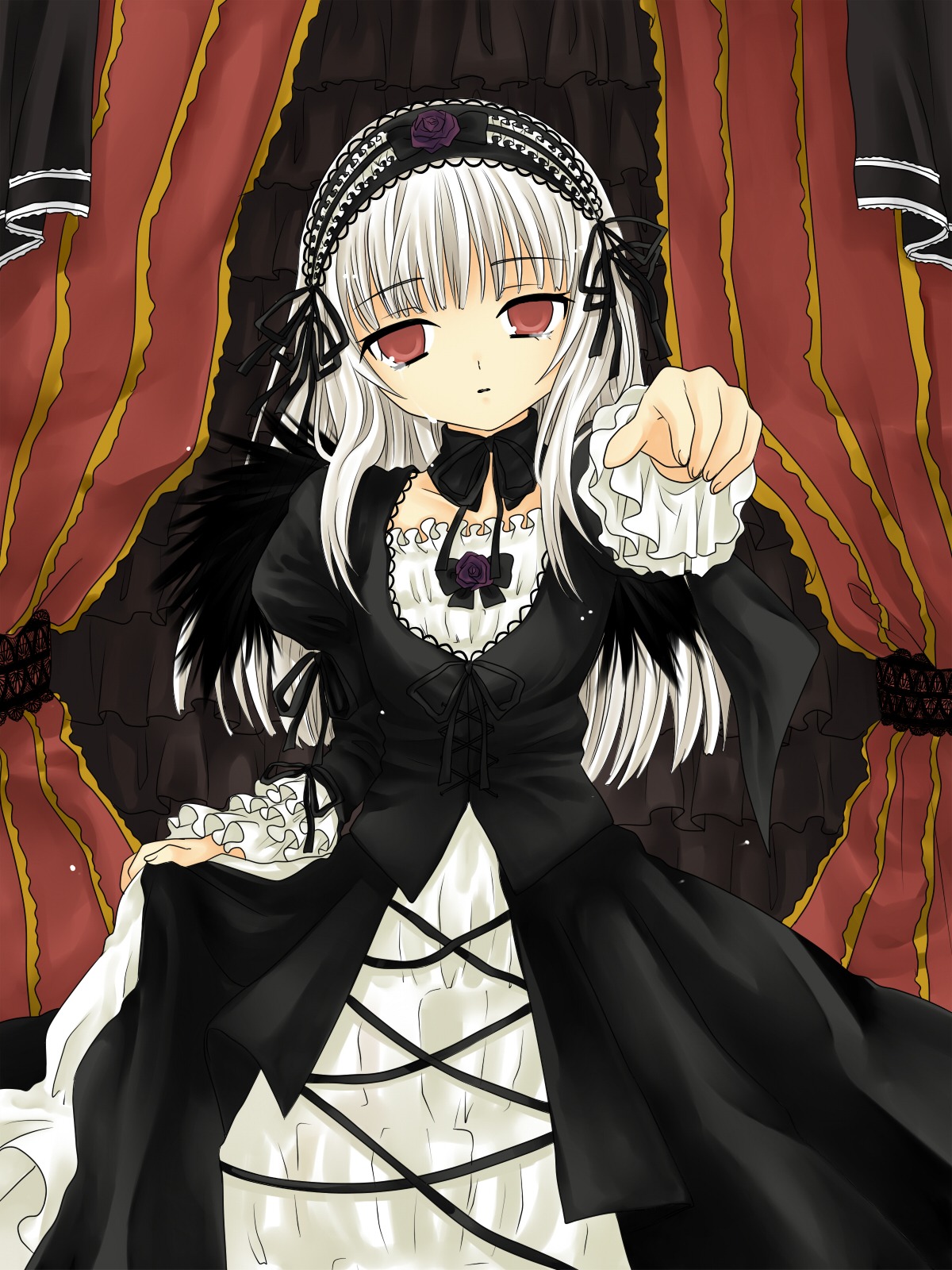 1girl bad_id bad_pixiv_id black_dress black_ribbon detached_collar dress expressionless flower frilled_sleeves frills hairband hanabana_tsubomi highres image juliet_sleeves lolita_fashion long_hair long_sleeves looking_at_viewer purple_eyes red_eyes ribbon rose rozen_maiden silver_hair solo suigintou tears wings