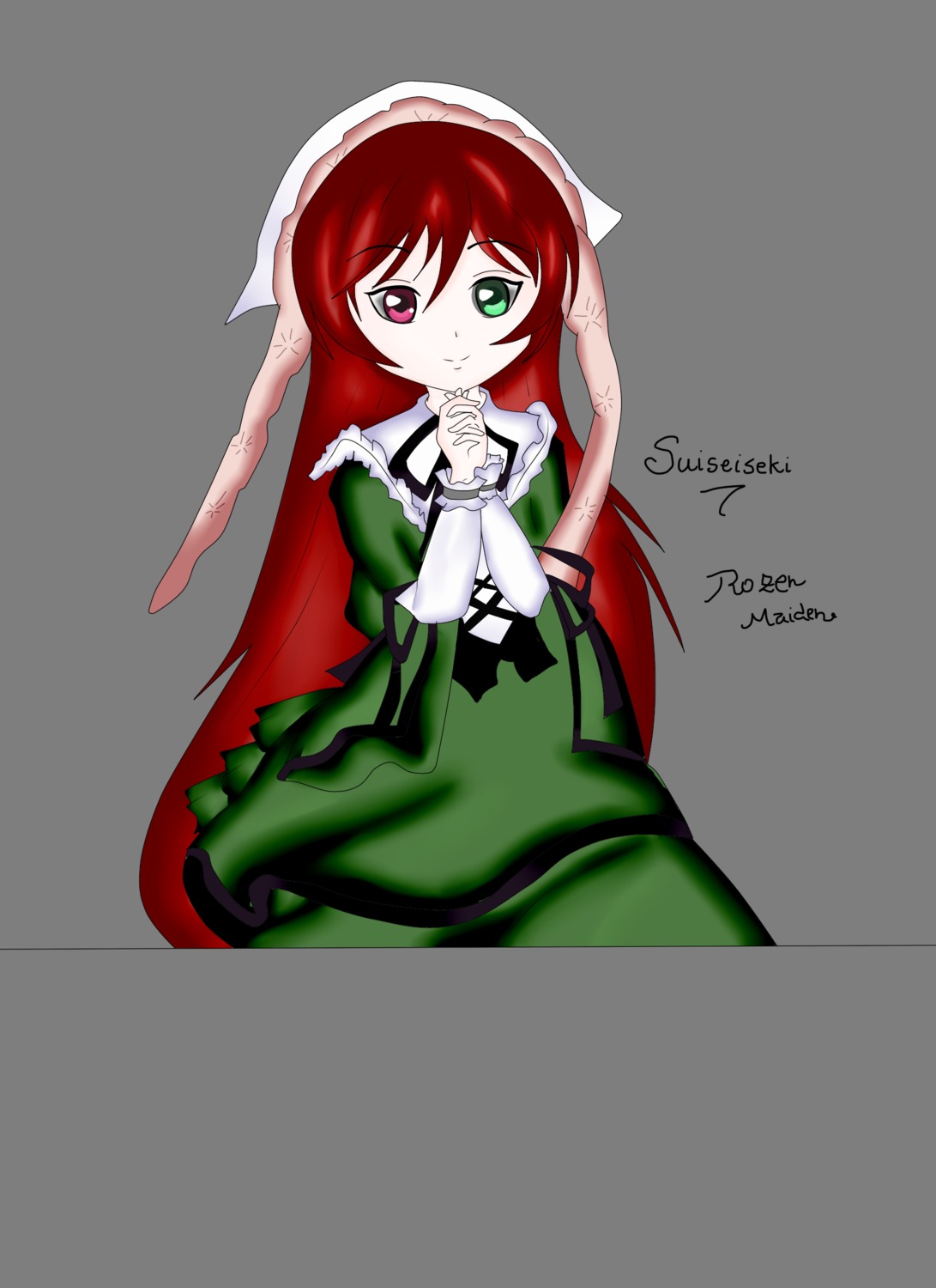 1girl dress frills green_dress green_eyes hands_clasped heterochromia image long_hair long_sleeves looking_at_viewer red_eyes smile solo style_parody suiseiseki transparent_background very_long_hair