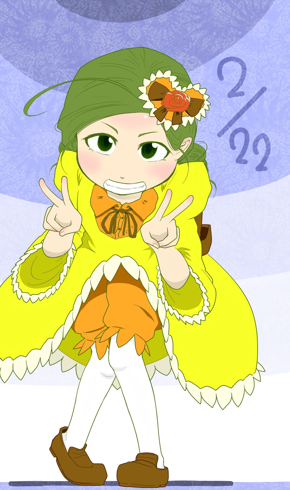 1girl blush double_v dress flower green_eyes green_hair grin hair_ornament image kanaria long_sleeves pantyhose shoes smile solo v yellow_dress