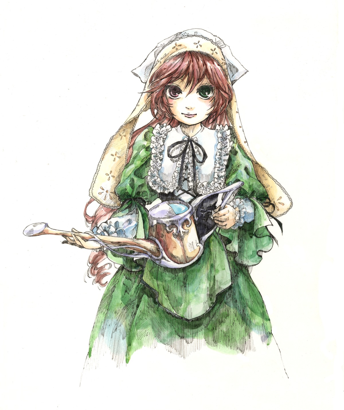 1girl dress frills green_dress green_eyes head_scarf heterochromia holding image long_sleeves looking_at_viewer red_eyes ribbon simple_background smile solo suiseiseki watering_can white_background