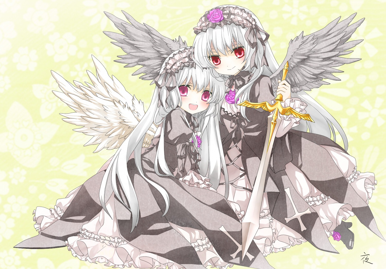 2girls black_wings dress flower frills hairband image long_hair long_sleeves multiple_girls open_mouth pink_eyes rose silver_hair smile solo suigintou wings