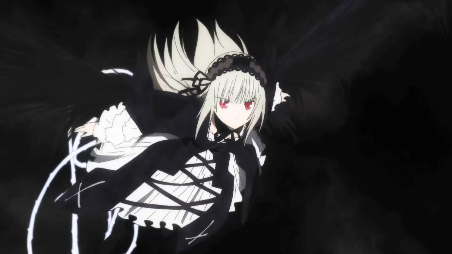 1girl black_ribbon cross-laced_clothes dress frills hairband image long_hair long_sleeves looking_at_viewer red_eyes ribbon solo suigintou wings