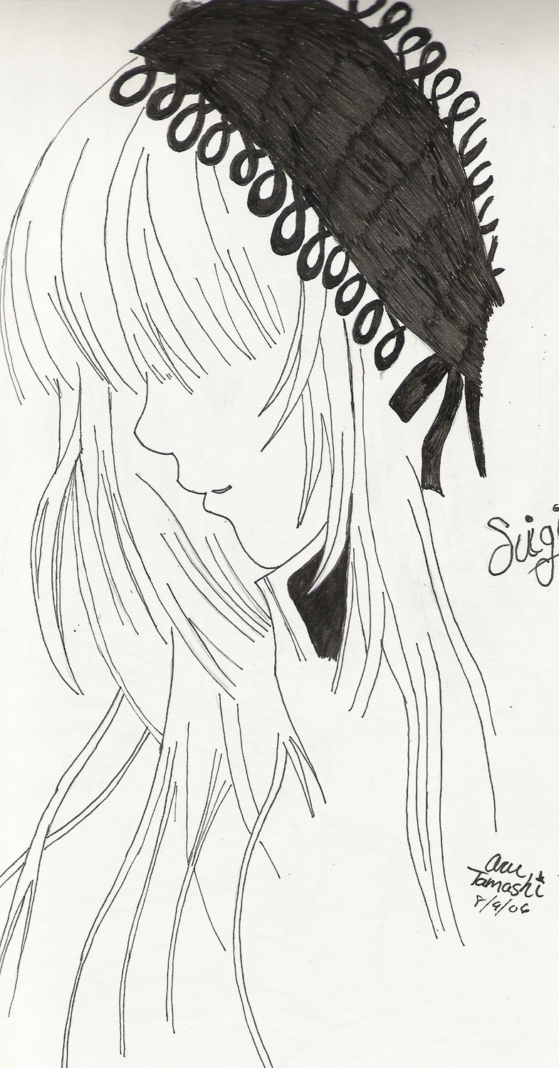1girl blush closed_mouth dated from_side greyscale hair_over_eyes image long_hair monochrome profile signature solo suigintou