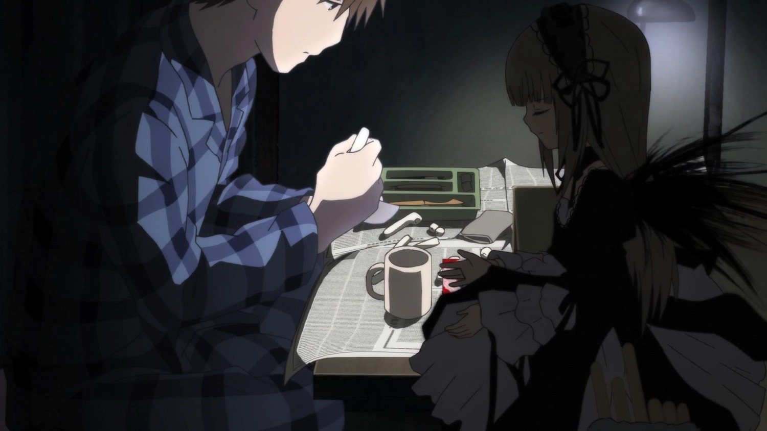 1boy 1girl brown_hair closed_eyes cup dress hairband image lolita_fashion lolita_hairband long_hair profile sitting solo suigintou table teacup wings