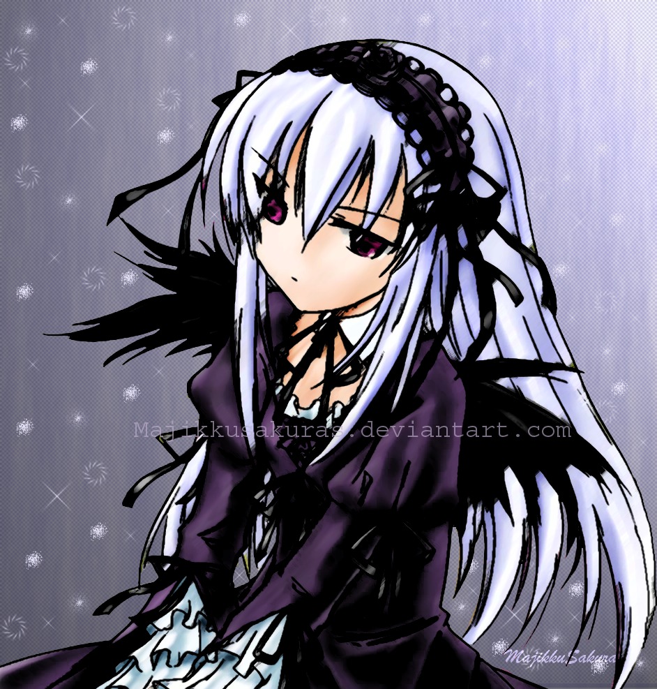 1girl black_dress detached_collar dress expressionless frilled_sleeves frills hairband image juliet_sleeves lolita_hairband long_hair long_sleeves looking_at_viewer pink_eyes puffy_sleeves silver_hair solo suigintou wings