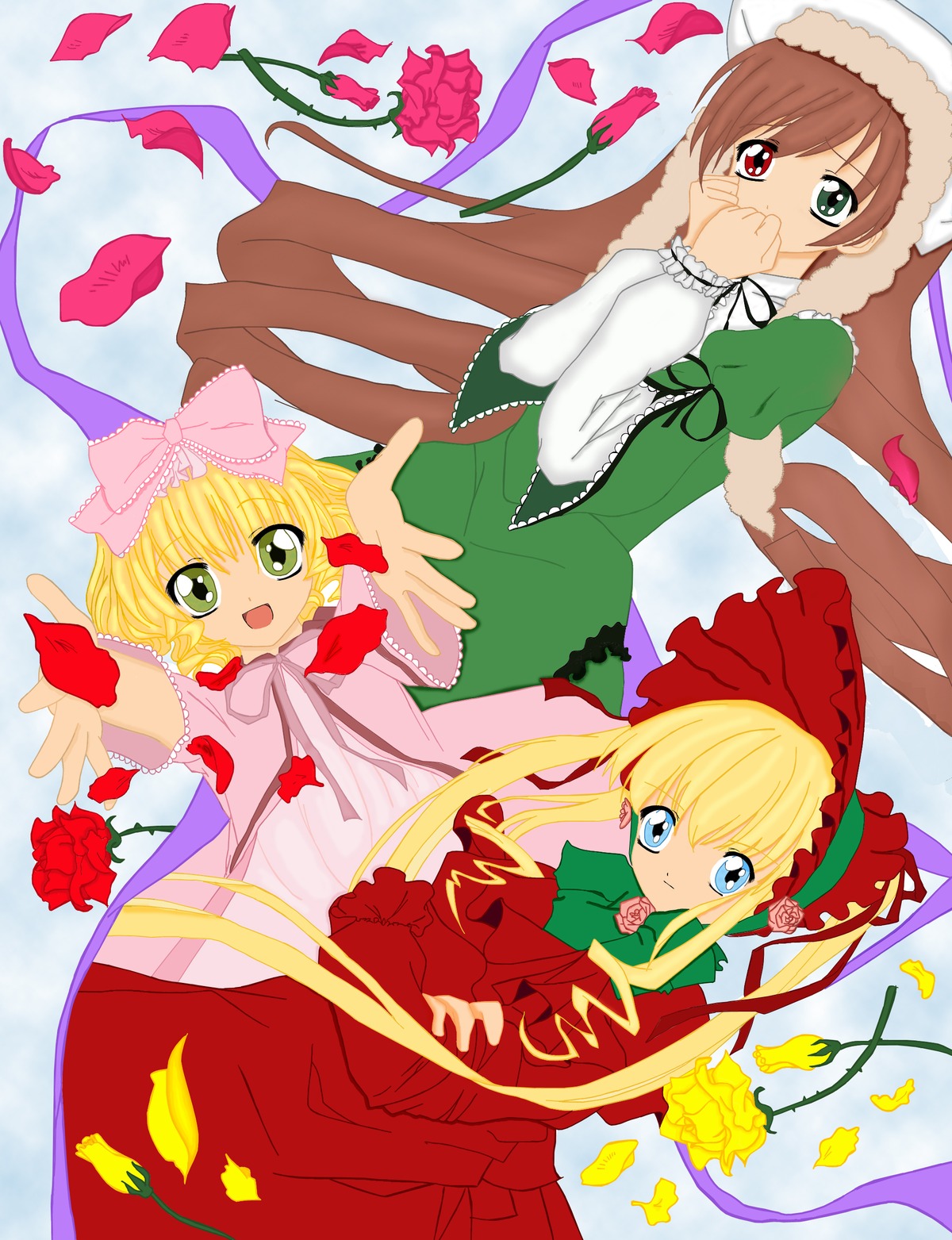 3girls :d blonde_hair blue_eyes bonnet bow brown_hair covering_mouth dress flower frills green_dress green_eyes hat heterochromia hina_ichigo image long_hair long_sleeves looking_at_viewer multiple multiple_girls open_mouth outstretched_arm petals pink_bow red_dress red_eyes red_flower red_rose rose rose_petals shinku smile souseiseki suiseiseki tagme twins