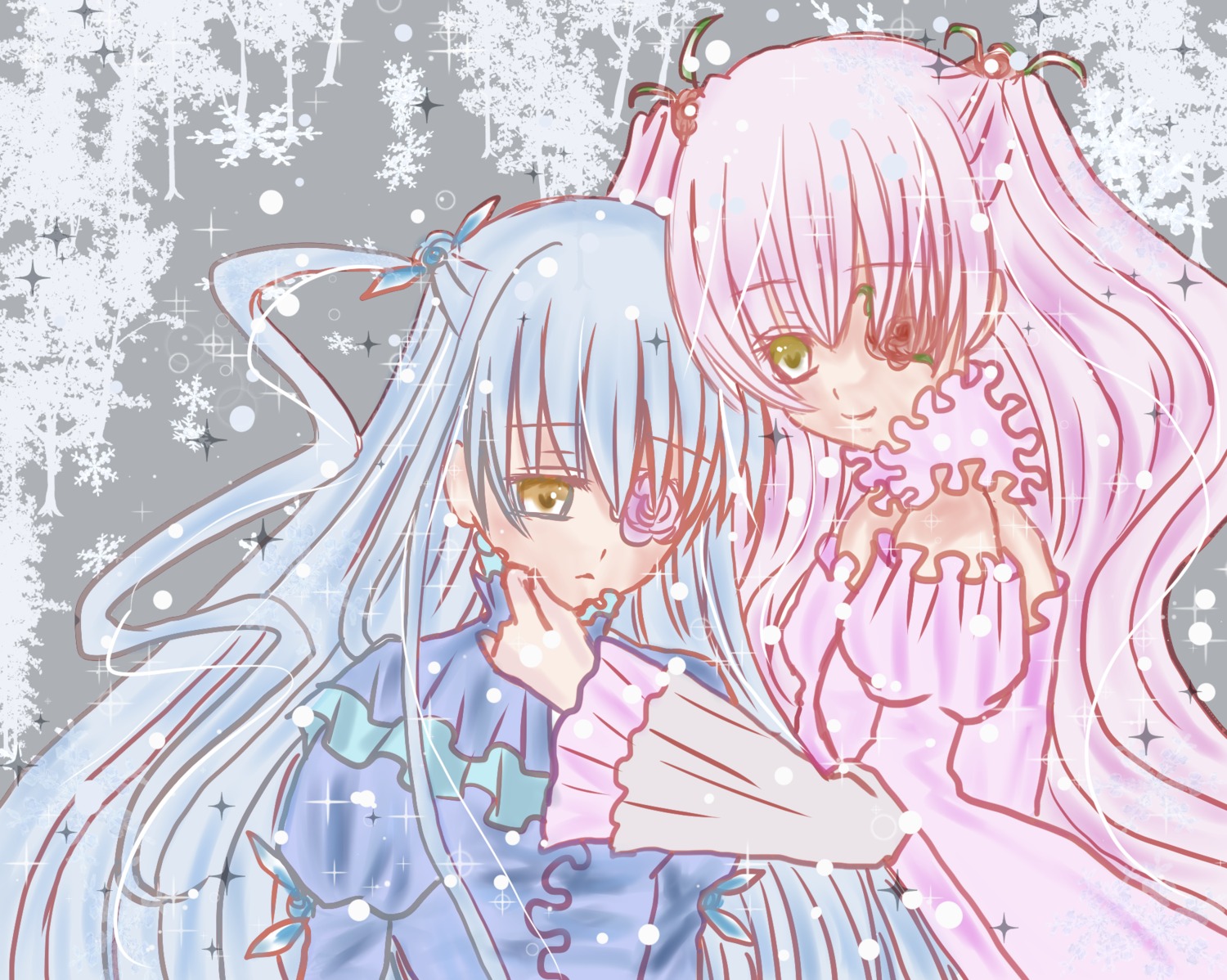 2girls barasuishou dress eyepatch frills image kirakishou long_hair multiple_girls pair ribbon silver_hair smile snowflakes two_side_up yellow_eyes