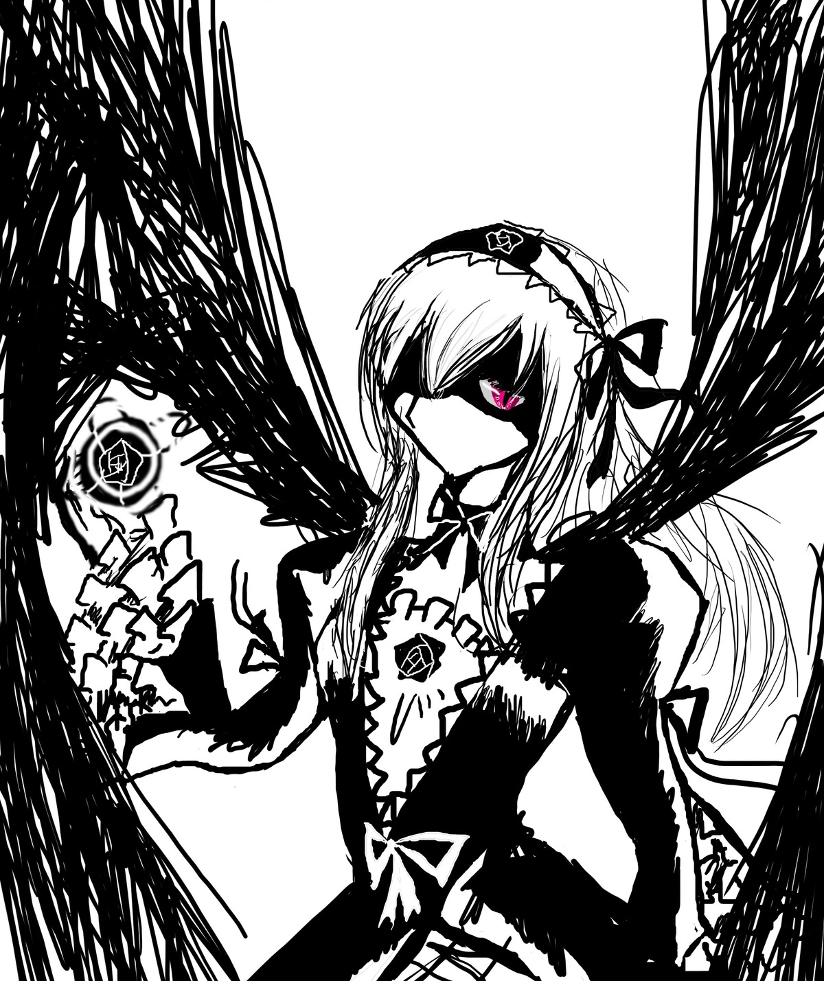 1girl black_wings dress feathered_wings flower frills greyscale hairband image lolita_hairband long_hair long_sleeves looking_at_viewer monochrome ribbon rose solo suigintou upper_body wings