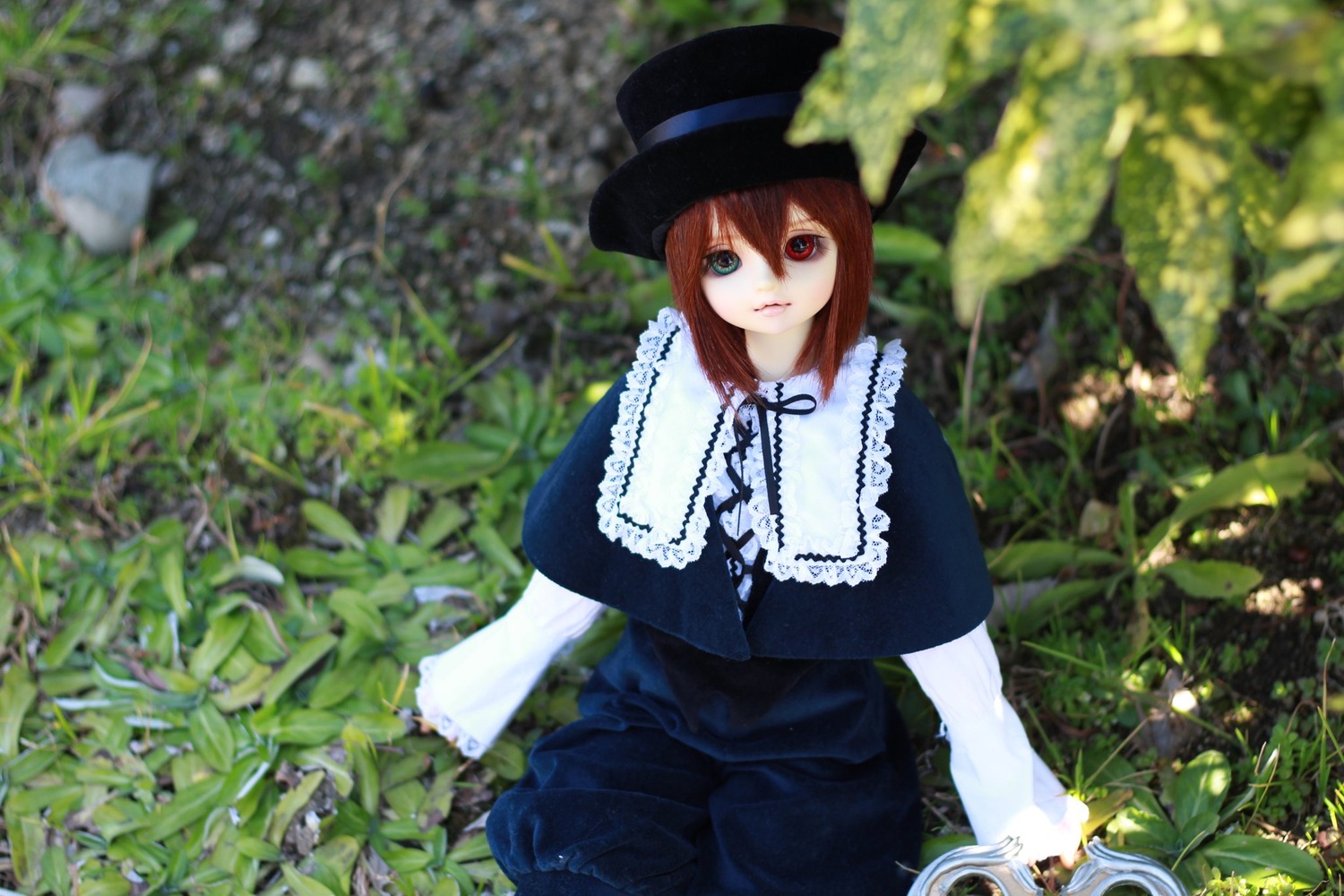 1girl blurry brown_hair capelet depth_of_field doll dress grass hat heterochromia long_sleeves looking_at_viewer outdoors plant red_eyes short_hair sitting solo souseiseki top_hat