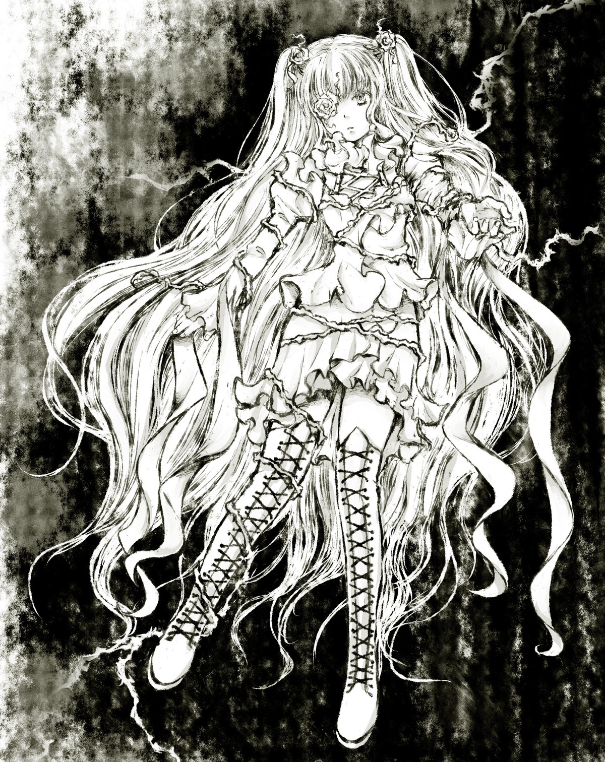 1girl boots cross-laced_footwear dress frills full_body greyscale hair_ornament image kirakishou knee_boots lace-up_boots lineart long_hair monochrome solo thigh_boots thighhighs twintails very_long_hair