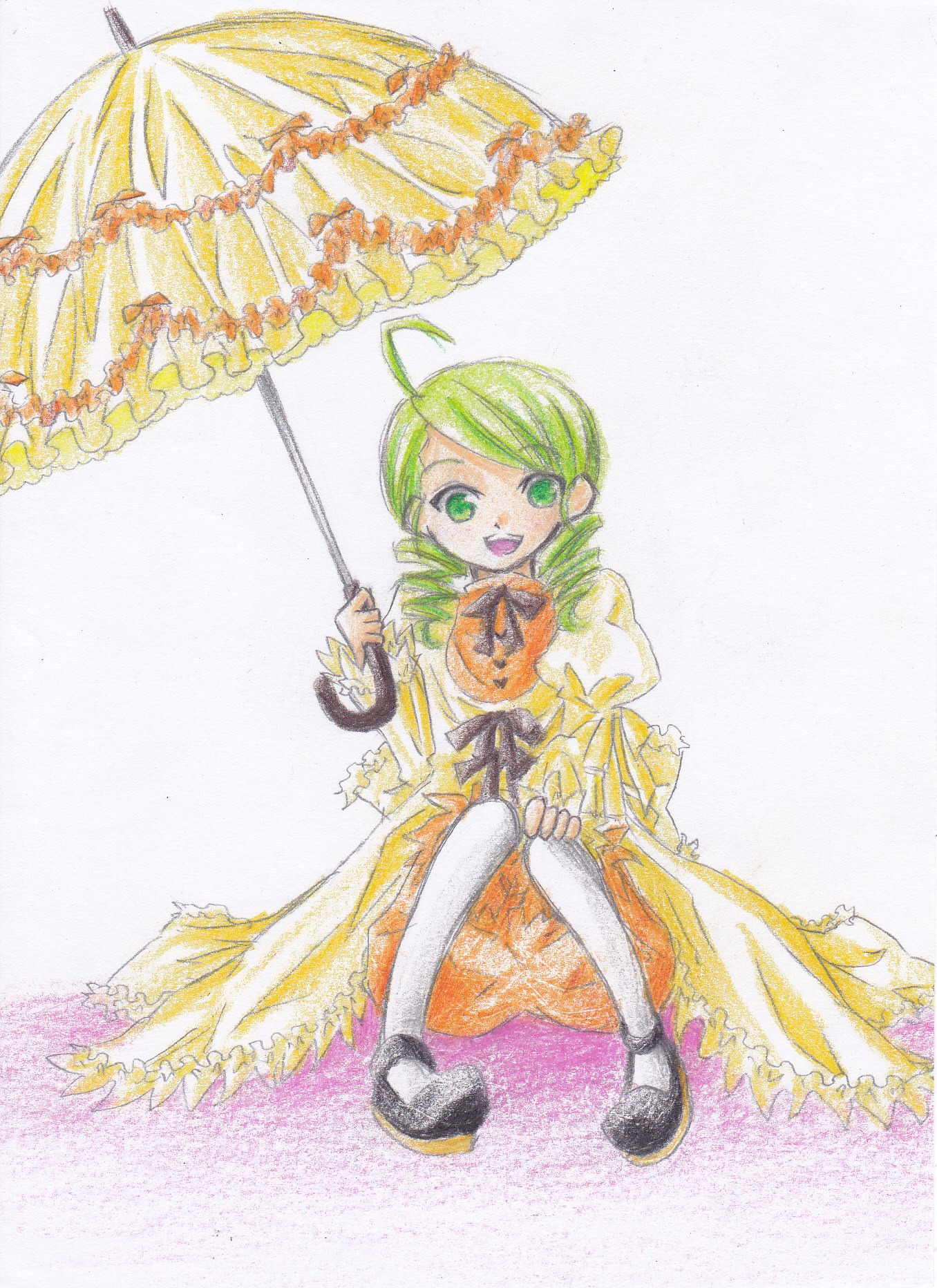 1girl :d ahoge colored_pencil_(medium) dress full_body green_eyes green_hair holding_umbrella image kanaria long_hair long_sleeves open_mouth parasol puffy_sleeves shoes sitting smile solo traditional_media umbrella watercolor_(medium) white_legwear