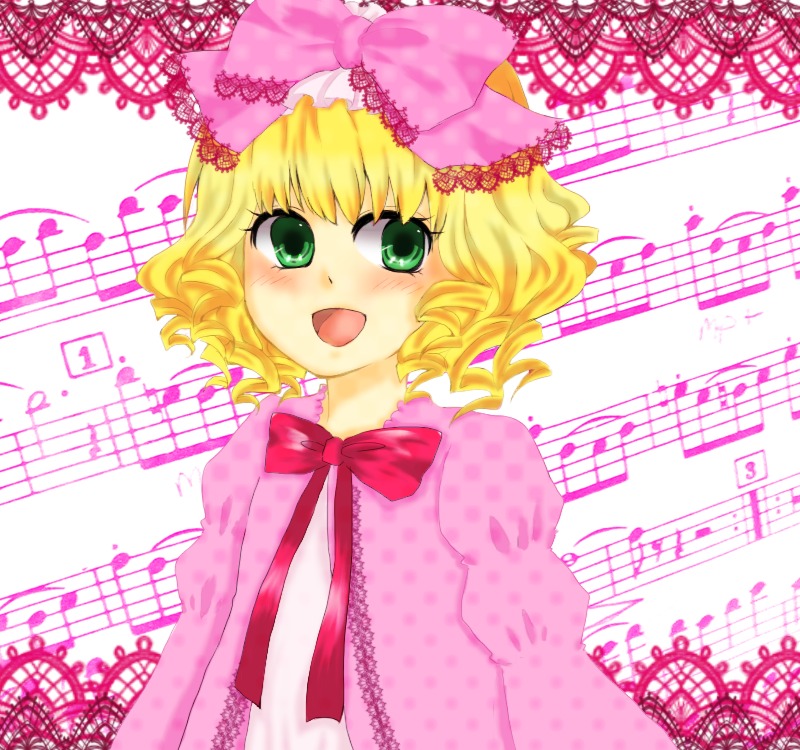 1girl bass_clef beamed_eighth_notes beamed_sixteenth_notes blonde_hair blush bow dress eighth_note green_eyes hair_bow hinaichigo image looking_at_viewer music musical_note open_mouth pink_bow pink_dress quarter_note sheet_music short_hair singing sixteenth_note smile solo spoken_musical_note staff_(music) treble_clef