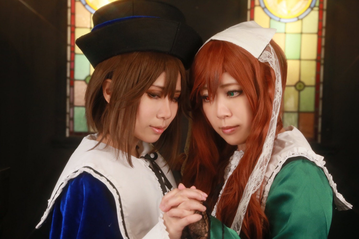 2girls blurry brown_hair closed_mouth green_eyes hat holding_hands indoors lips long_hair multiple_cosplay multiple_girls realistic siblings sisters stained_glass tagme