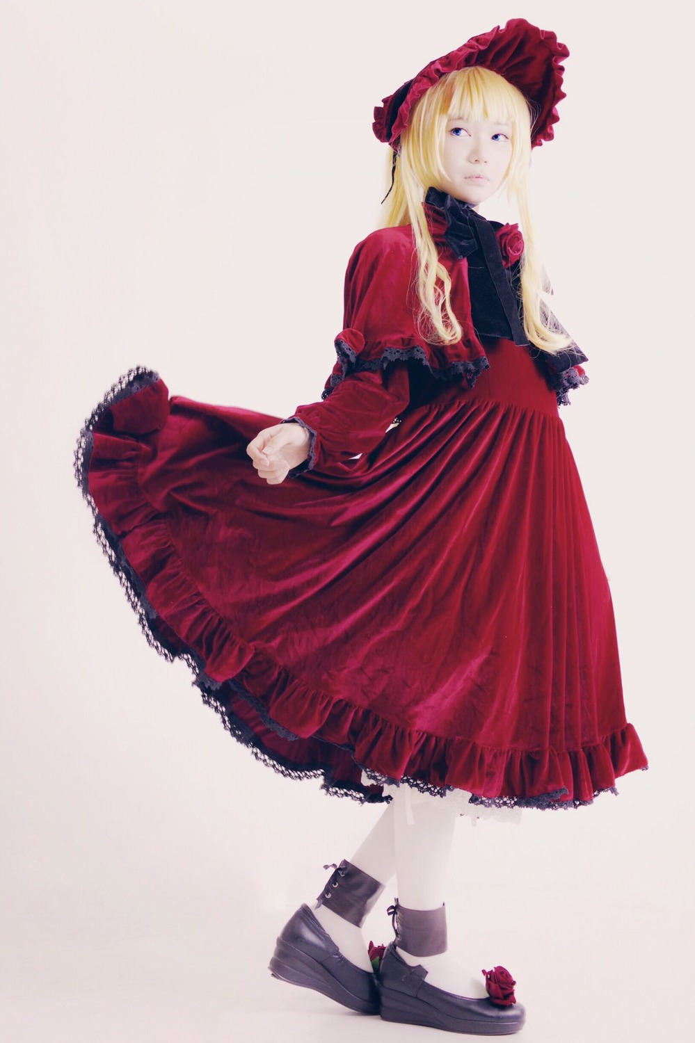 1girl blonde_hair blue_eyes bonnet bow dress full_body long_hair long_sleeves looking_at_viewer red_dress shinku solo standing