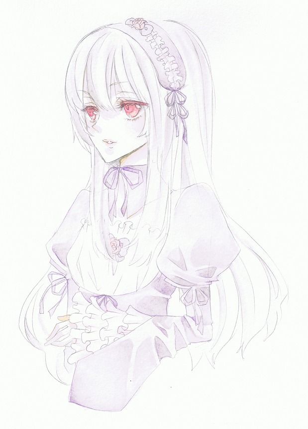 1girl bangs dress flower frills hairband image juliet_sleeves long_hair long_sleeves looking_at_viewer pink_eyes puffy_sleeves ribbon rose simple_background solo suigintou upper_body