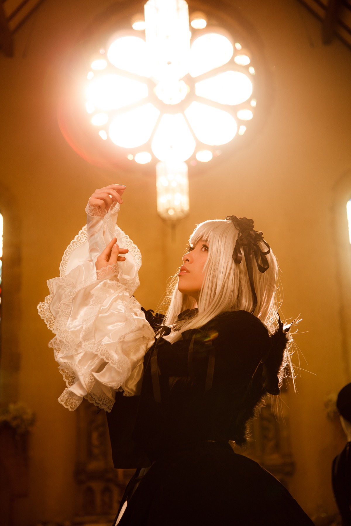 1girl dress flower frilled_sleeves frills indoors long_hair long_sleeves profile solo suigintou