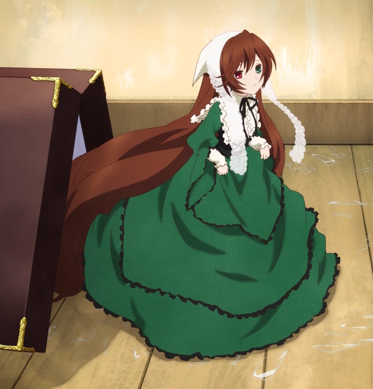 1girl artist_name brown_hair dress frills green_dress green_eyes heterochromia image long_hair long_sleeves looking_at_viewer red_eyes ribbon solo suiseiseki twintails very_long_hair