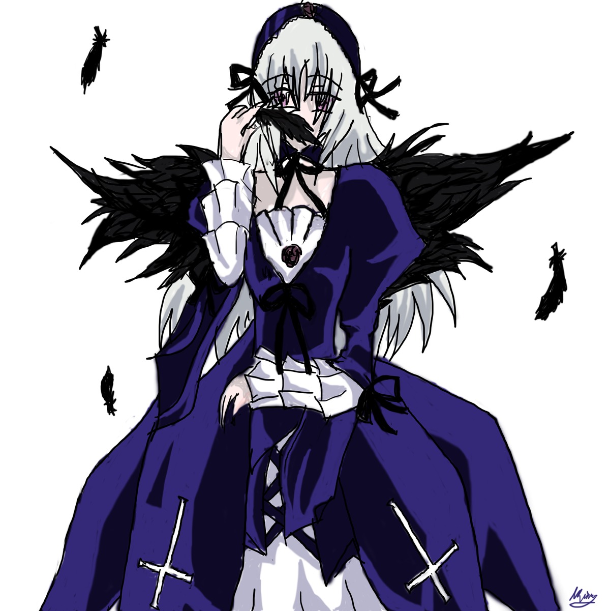 1girl black_feathers black_wings cross-laced_clothes detached_collar dress feathers flower frills hairband image long_hair long_sleeves ribbon rose silver_hair simple_background solo standing suigintou white_background wings