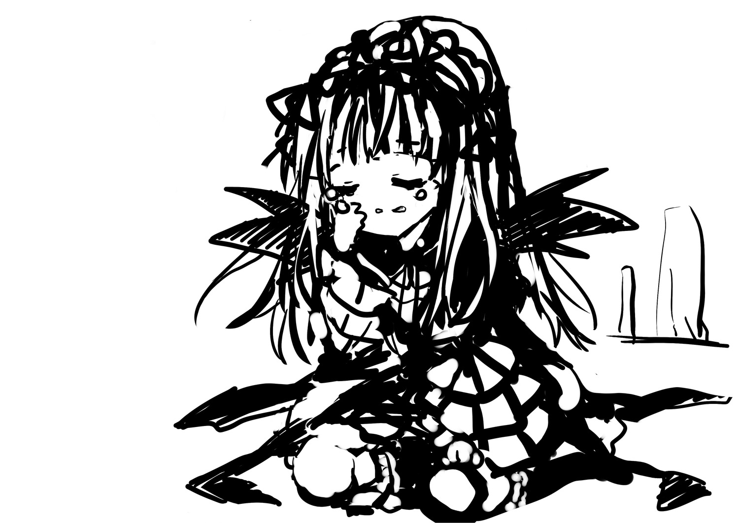 1girl blush chibi closed_eyes crying dress greyscale image long_hair monochrome patchouli_knowledge sitting solo striped suigintou tears wings