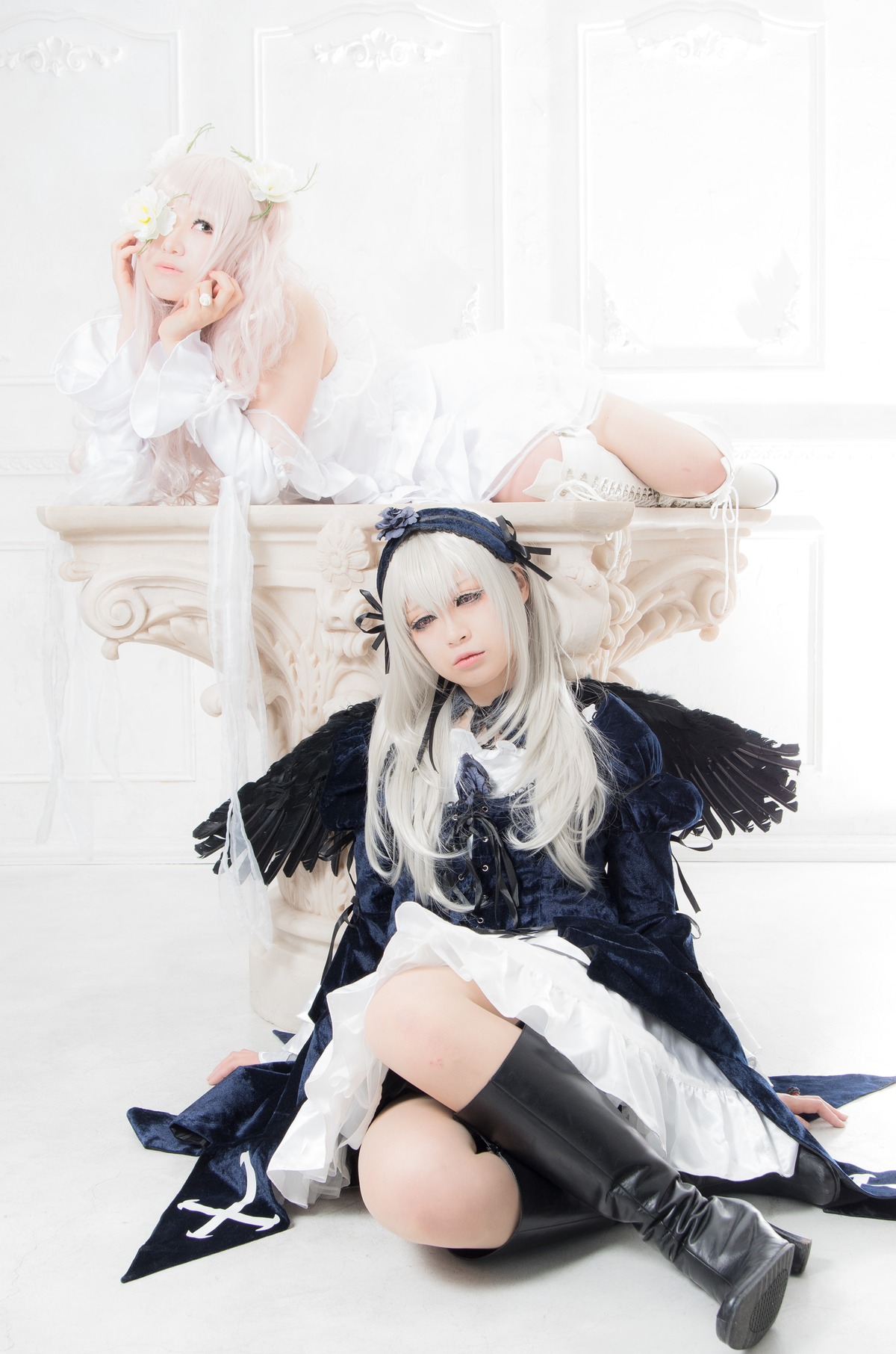 1girl boots dress long_hair multiple_cosplay ribbon sitting tagme white_hair wings