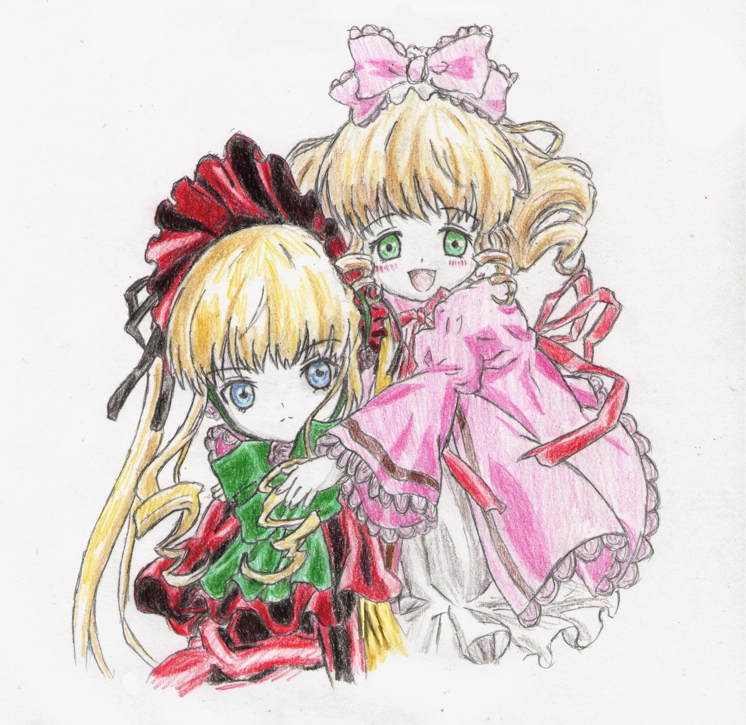 2girls :d auto_tagged blonde_hair blue_eyes bow colored_pencil_(medium) dress eyebrows_visible_through_hair frills green_eyes hair_bow hina_ichigo hinaichigo image long_hair long_sleeves looking_at_viewer marker_(medium) multiple_girls open_mouth pair pink_bow shikishi shinku simple_background smile traditional_media watercolor_(medium)