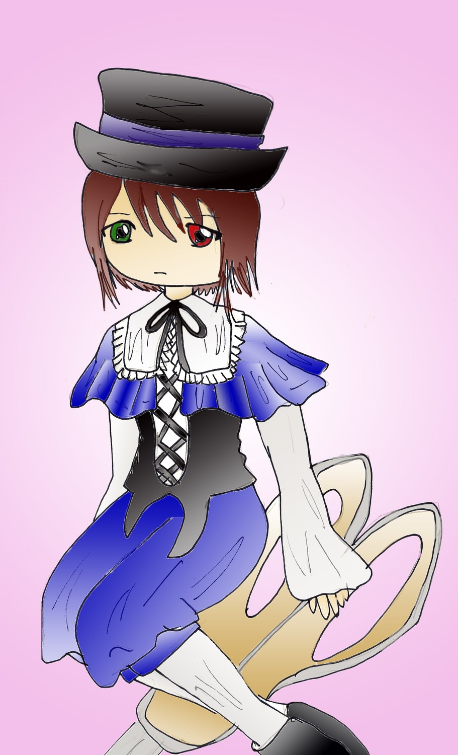 1girl blue_dress brown_hair dress expressionless frills full_body green_eyes hat heterochromia image long_sleeves looking_at_viewer red_eyes ribbon short_hair solo souseiseki standing top_hat