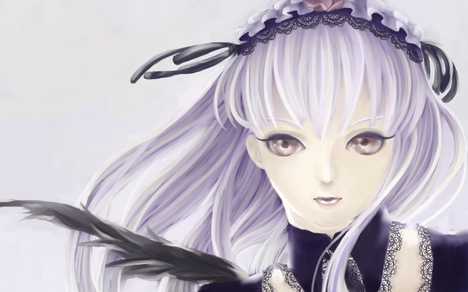 1girl bangs black_ribbon close-up eyelashes face feathers hairband image lace lips lolita_hairband long_hair looking_at_viewer portrait ribbon rose silver_hair solo suigintou