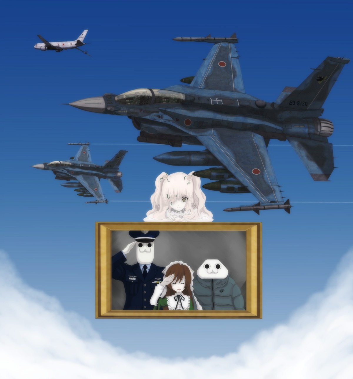 aircraft airplane blue_sky brown_hair day image kirakishou military pair sky suiseiseki