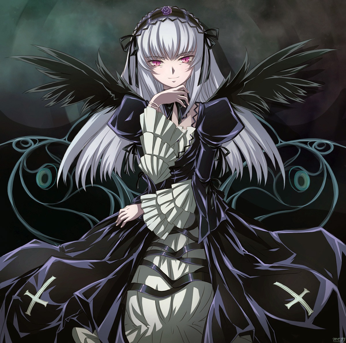 1girl black_wings commentary_request doll_joints dress flower frilled_sleeves frills hairband image joints juliet_sleeves long_hair long_sleeves looking_at_viewer mtyy photoshop_(medium) pink_eyes puffy_sleeves purple_eyes rozen_maiden silver_hair solo suigintou wings