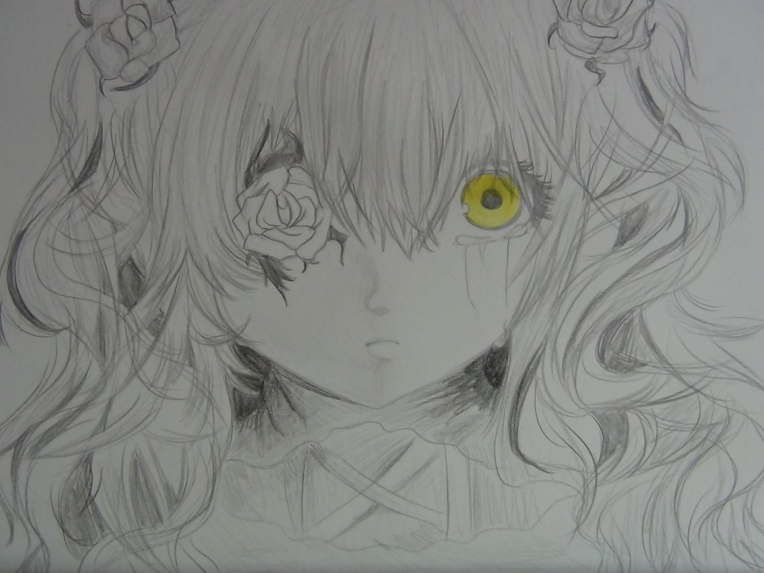 1girl closed_mouth face flower greyscale hair_flower hair_ornament image kirakishou looking_at_viewer monochrome portrait solo traditional_media