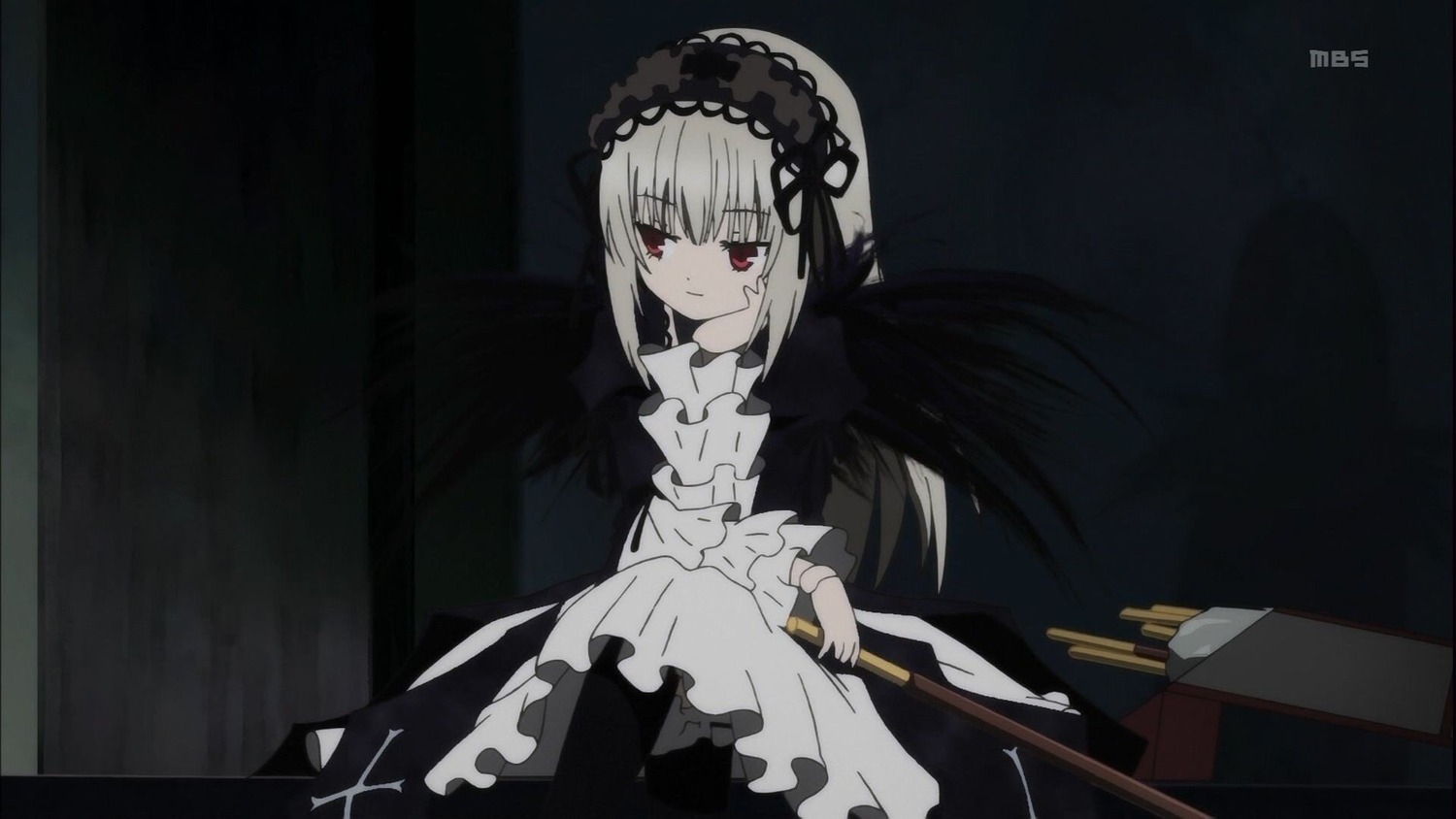 1girl bangs black_background black_dress closed_mouth dress frills hairband holding_weapon image long_hair long_sleeves red_eyes sitting solo suigintou very_long_hair weapon