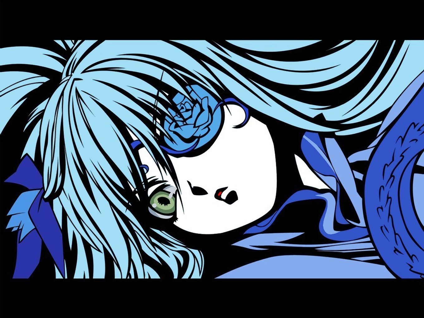 1girl barasuishou blue_theme border close-up face green_eyes image letterboxed long_hair looking_at_viewer simple_background solo