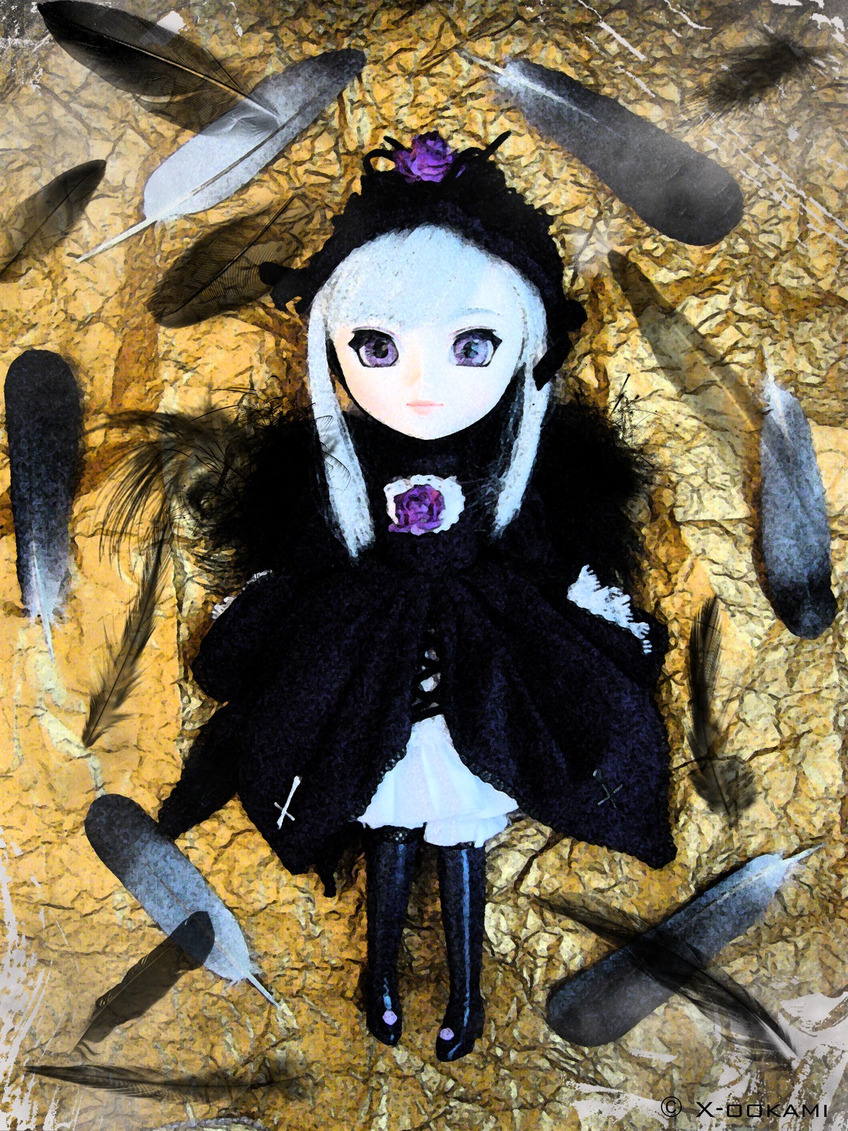 1girl bird doll dress feathers flower knife long_hair looking_at_viewer purple_eyes rose solo suigintou
