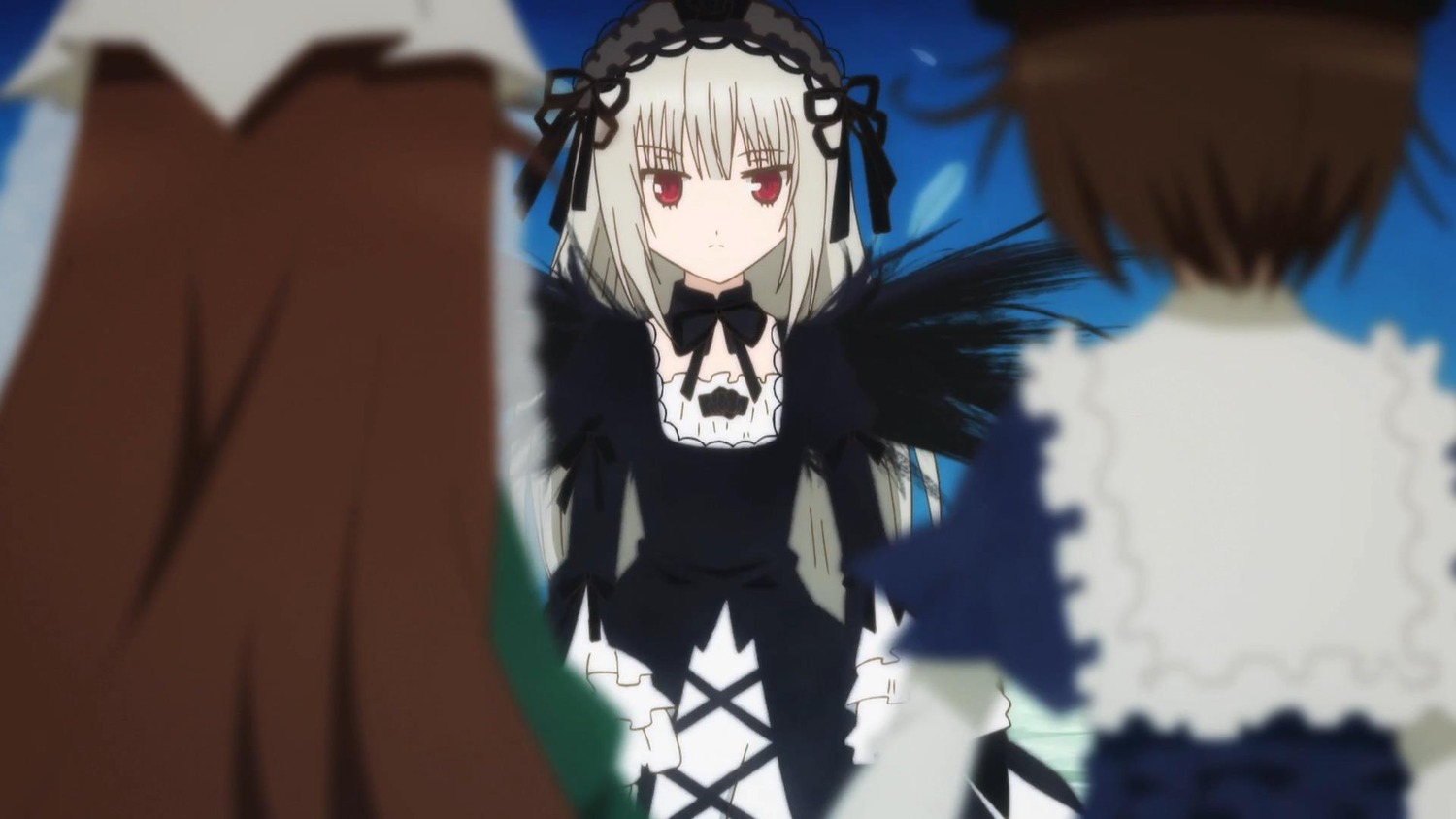 1boy 1girl black_dress black_wings blurry blurry_background blurry_foreground brown_hair depth_of_field dress frills gothic_lolita hairband image lolita_fashion lolita_hairband long_sleeves motion_blur multiple red_eyes ribbon short_hair silver_hair suigintou tagme wings