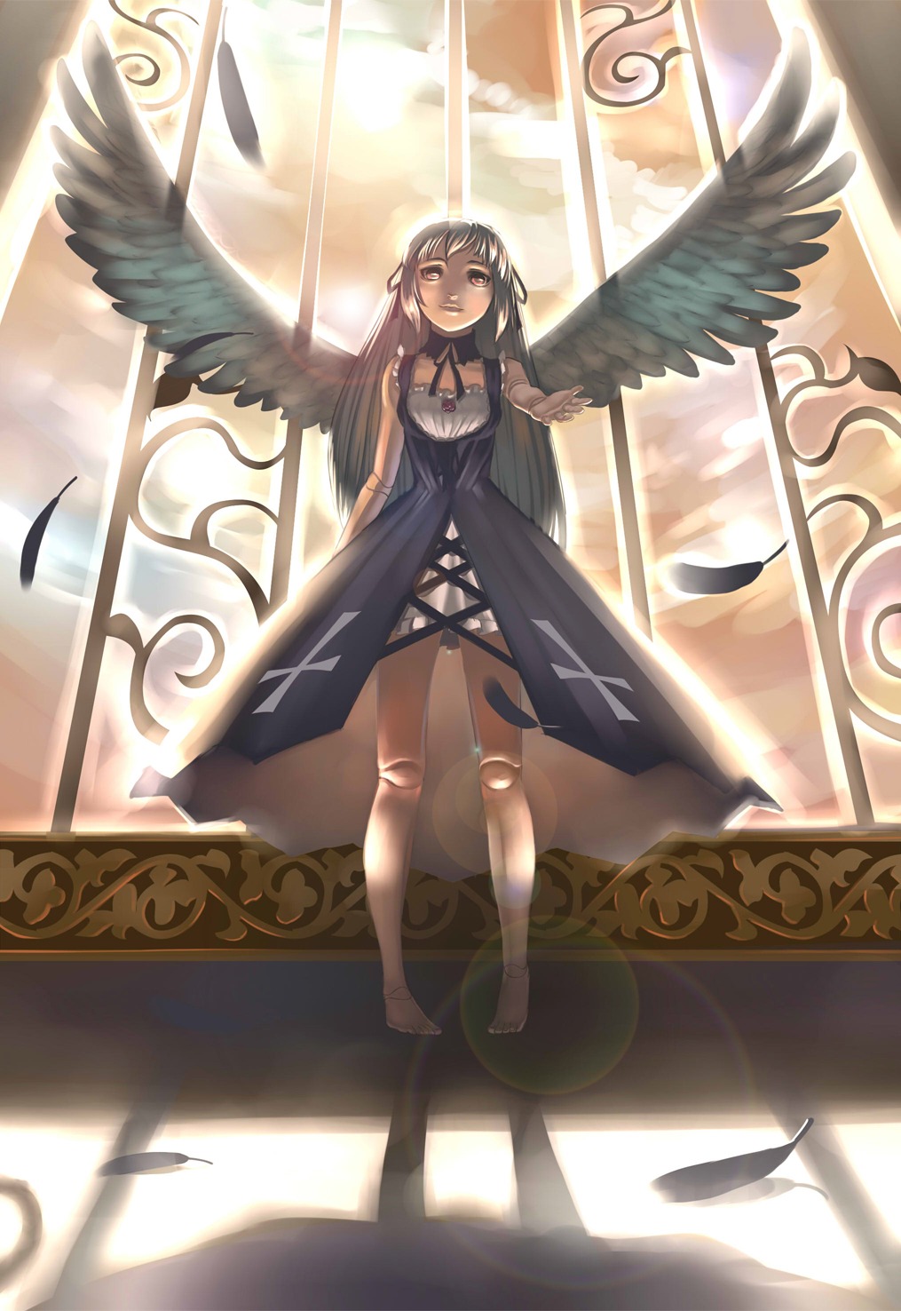 1girl angel angel_wings bangs barefoot breasts cloud dress feathered_wings feathers full_body halo image long_hair looking_at_viewer sky solo standing suigintou sunlight sword weapon white_wings wings