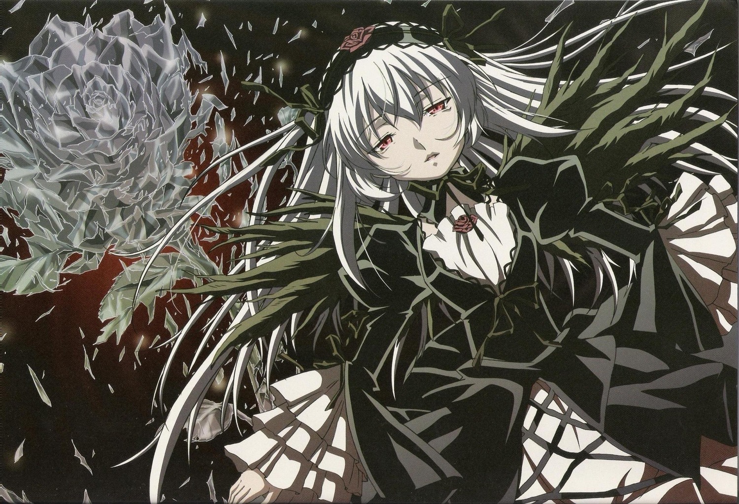 1girl black_dress black_wings dress flower frilled_sleeves frills hairband image long_hair long_sleeves looking_at_viewer puffy_sleeves red_eyes ribbon rose silver_hair solo suigintou wings