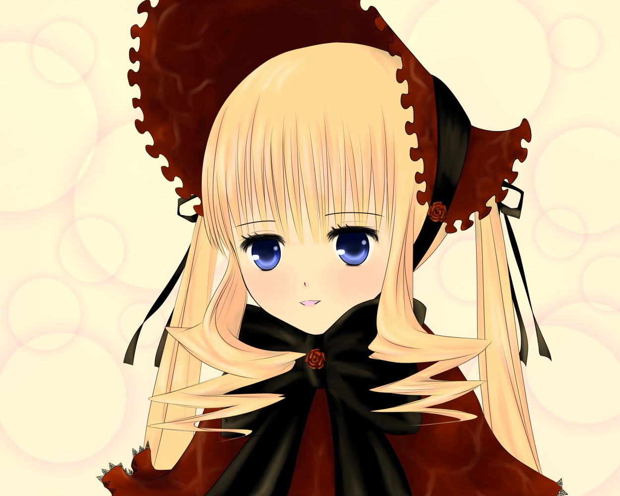 1girl bangs blonde_hair blue_eyes blush bonnet dress drill_hair image long_hair looking_at_viewer ribbon shinku smile solo twintails